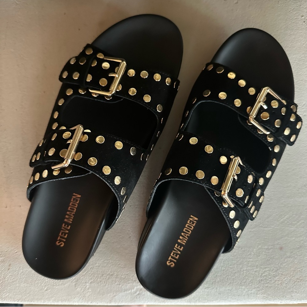 Steve Madden Emma black sandals gold studs 10 EUC